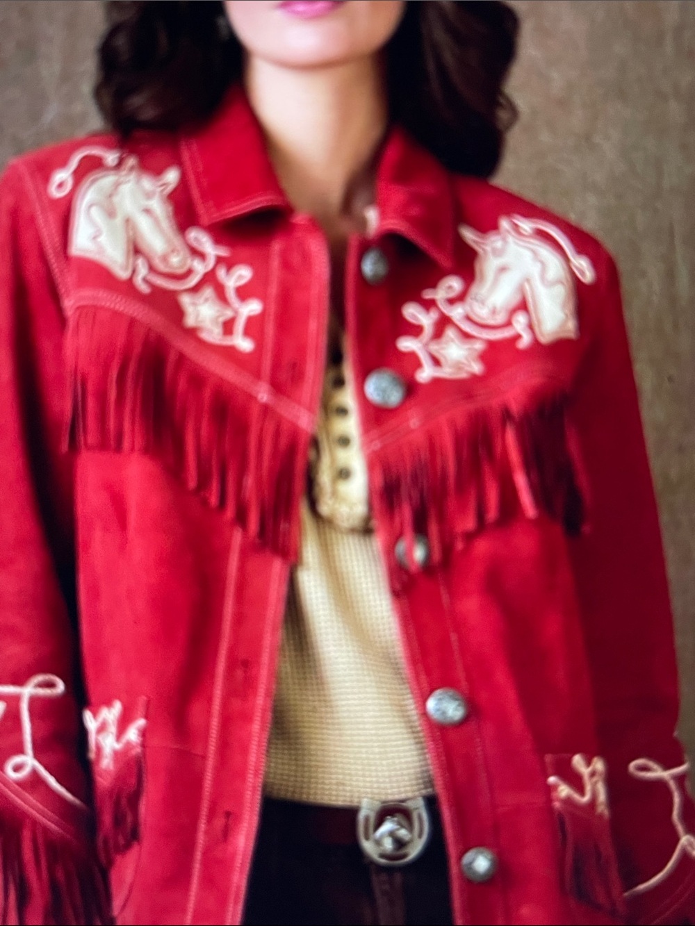 Double D Ranch Jimmy Jack Leather Fringe
Jacket Bronco Horse Stars
Size L
NWT